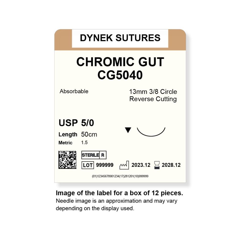 Dynek Surgical Catgut Chromic Cut Natural Absorbable 5/0x50cm On 13mm 3/8 Sutures CG5040 Box Of 12