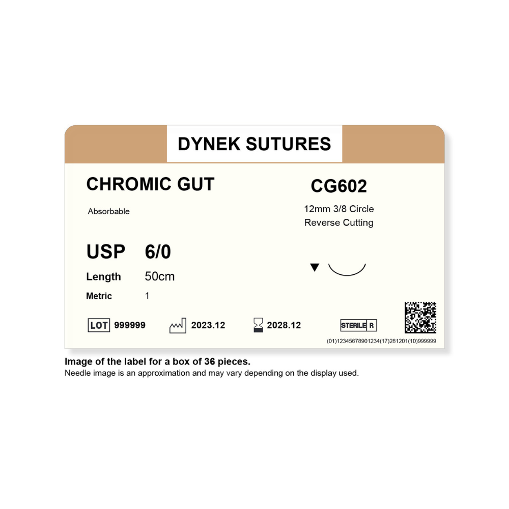 Dynek Surgical Catgut Chromic Cut Natural Absorbable 6/0x50cm On 12mm 3/8 Sutures CG602 Box Of 36