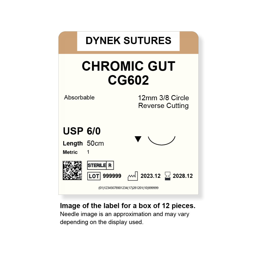Dynek Surgical Catgut Chromic Cut Natural Absorbable 6/0x50cm On 12mm 3/8 Sutures CG602 Box Of 12