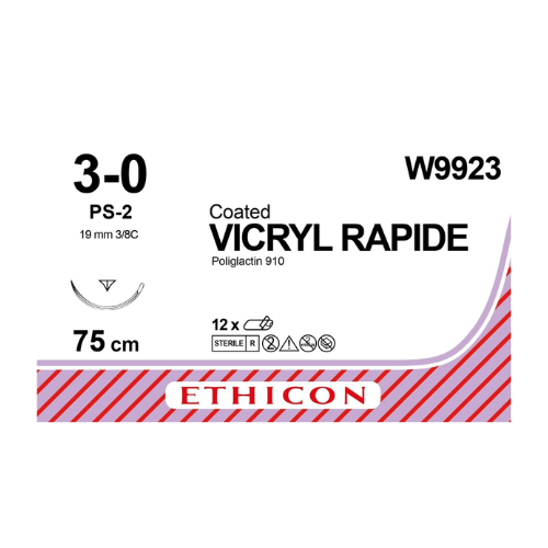 Ethicon Vicryl Rapide Synthetic Undyed 3/0x75cm On 19mm 3/8 Sutures W9923 Box Of 12