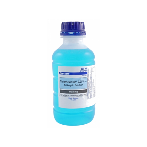 Baxter Steripour Chlorhexidine 0.05% Aqueous 500ml Blue AHF7983