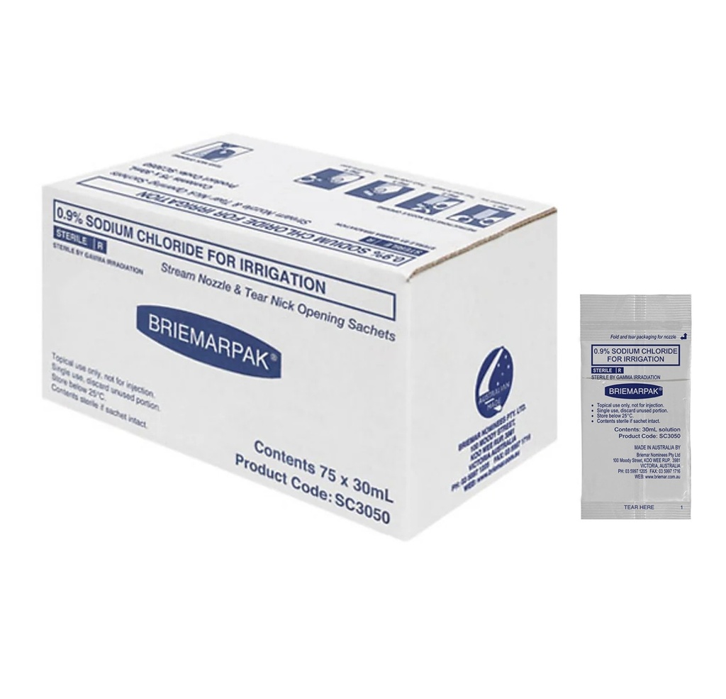 Sterile 0.9% Sodium Chloride Solution 30mL Sachets Box of 75