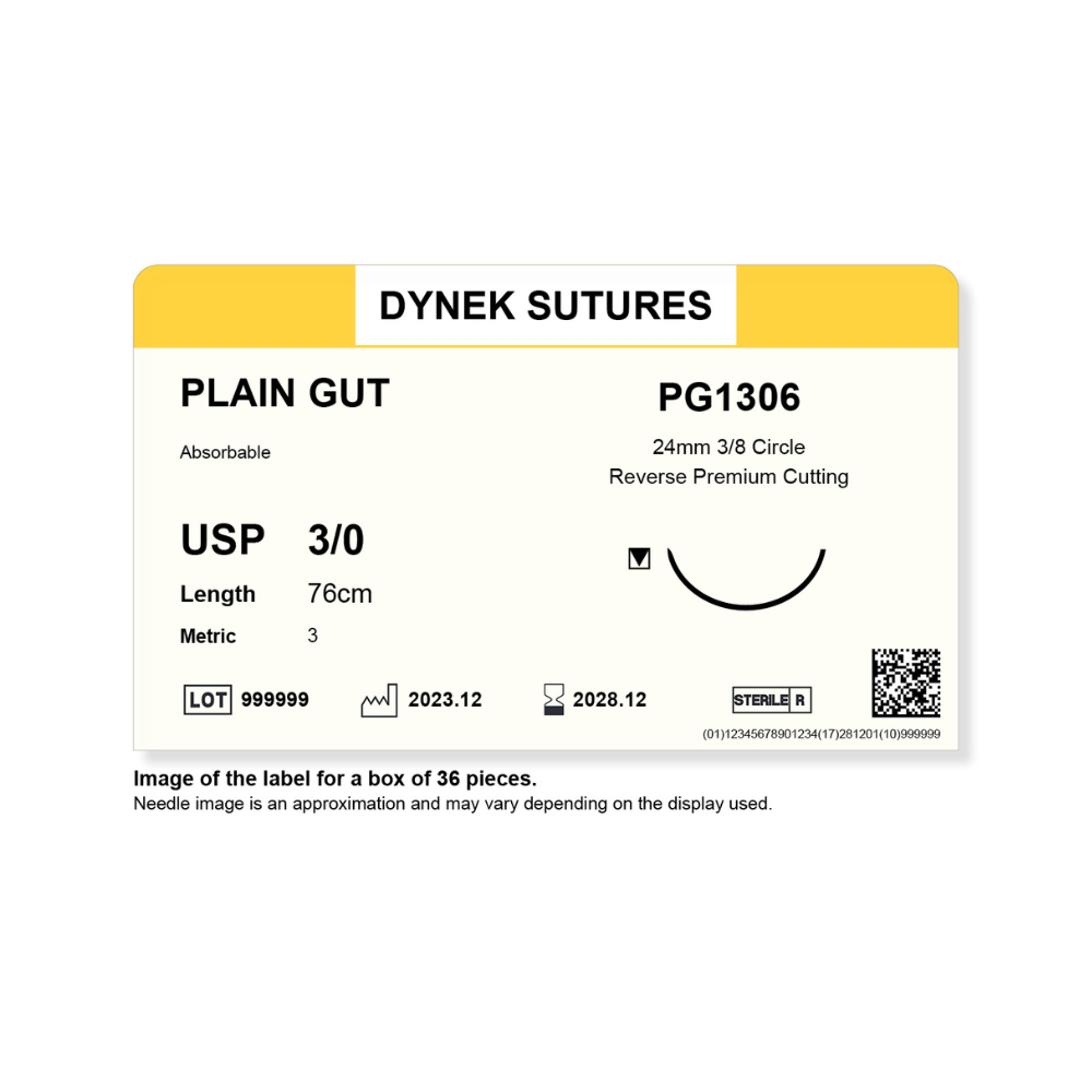 Dynek Surgical Catgut Plain Gut Natural Absorbable 3/0x76cm On 24mm 3/8 Sutures PG1306 Box Of 36
