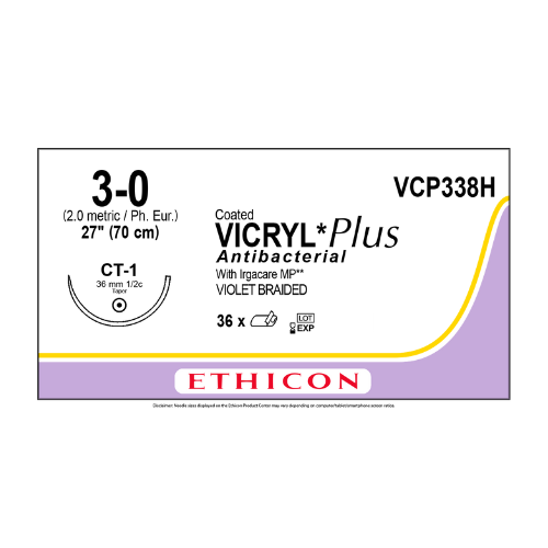 Ethicon Coated Vicryl Plus 3/0x70cm on 36mm 1/2 Violet Sutures VCP338H Box Of 36