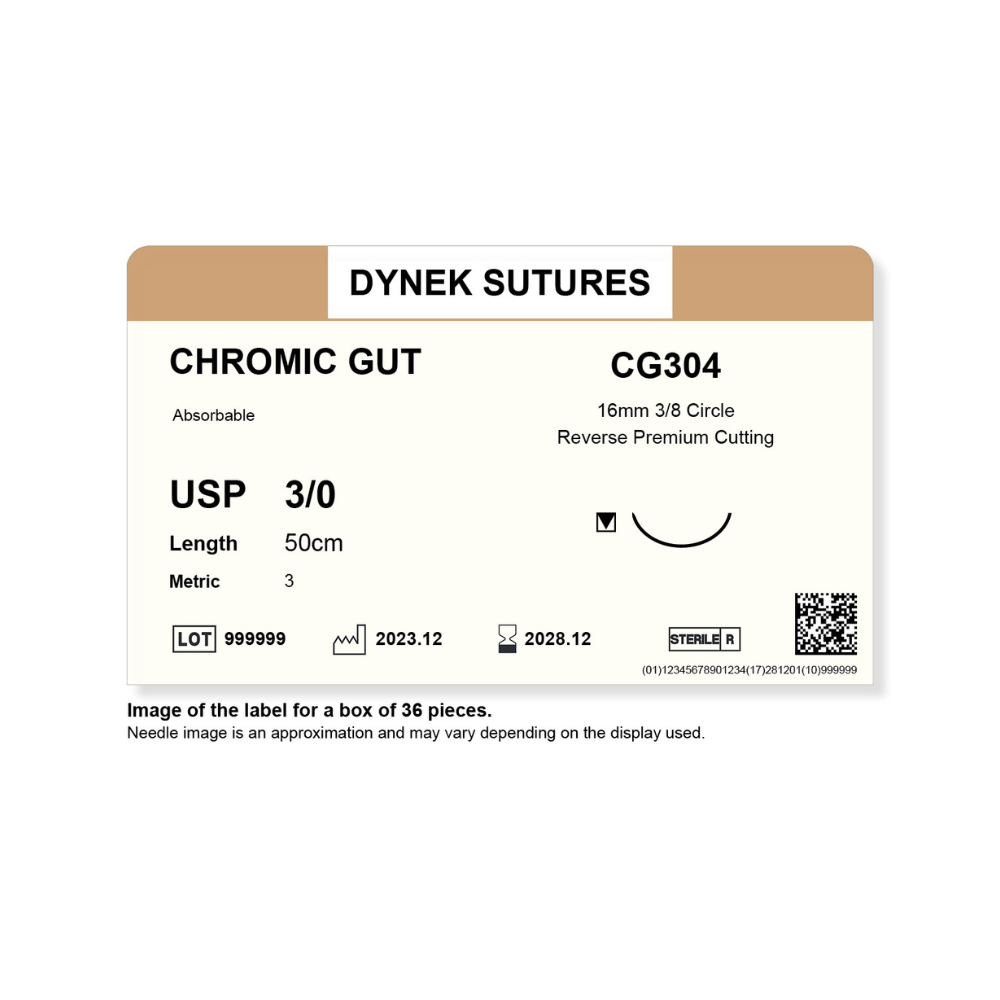 Dynek Surgical Catgut Chromic Cut Natural Absorbable 3/0x50cm On 16mm 3/8 Sutures CG304 Box Of 36