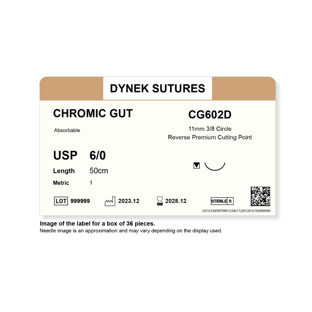 Dynek Surgical Catgut Chromic Cut Natural Absorbable 6/0x50cm On 11mm 3/8 Sutures CG602D Box Of 36
