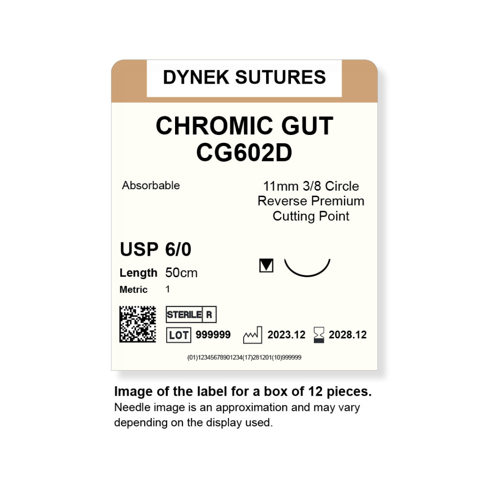 Dynek Surgical Catgut Chromic Cut Natural Absorbable 6/0x50cm On 11mm 3/8 Sutures CG602D Box Of 12