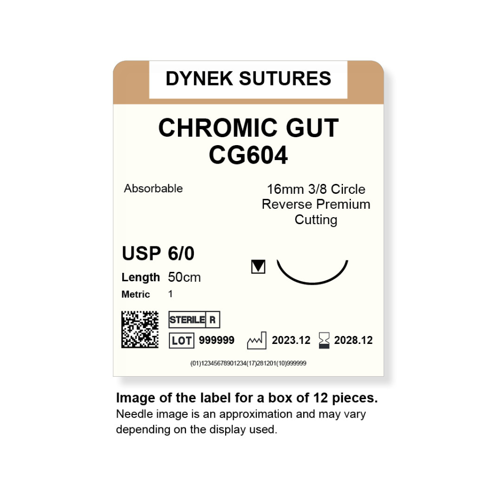 Dynek Surgical Catgut Chromic Cut Natural Absorbable 6/0x50cm On 16mm 3/8 Sutures CG604 Box Of 12