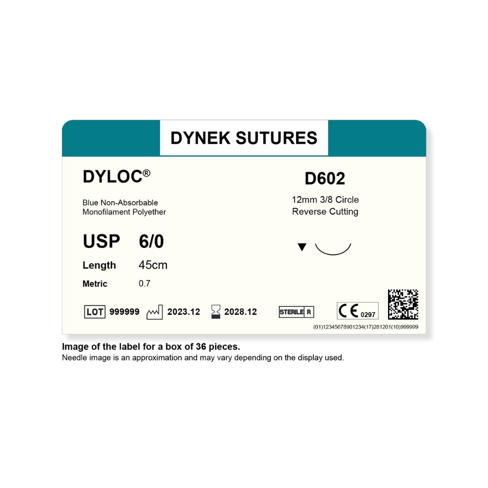 Dynek Dyloc Synthetic Non Absorbable 6/0x45cm On 12mm 3/8 Sutures D602 Box Of 36