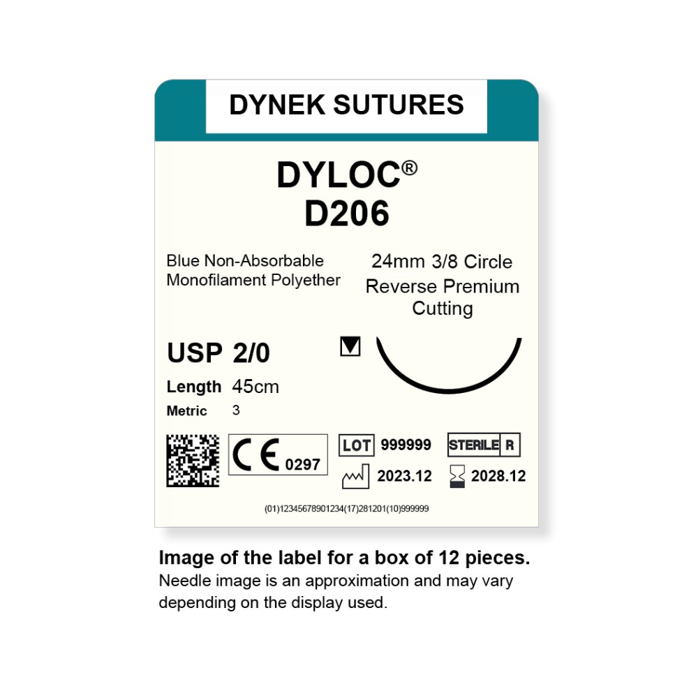 Dynek Dyloc Synthetic Non Absorbable 2/0x45cm On 24mm 3/8 Sutures D206 Box Of 12