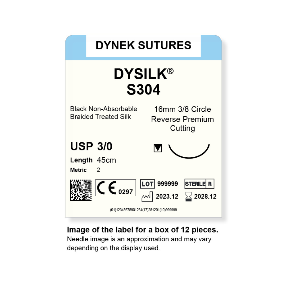 Dynek Dysilk Black Natural Non Absorbable 3/0x45cm On 16mm 3/8 Sutures S304 Box Of 12