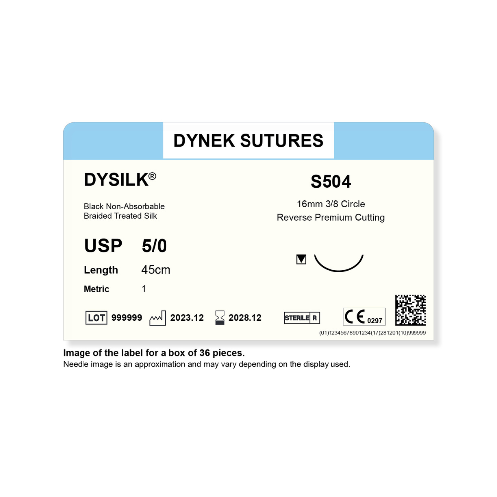 Dynek Dysilk Black Natural Non Absorbable 5/0x45cm On 16mm 3/8 Sutures S504 Box Of 36