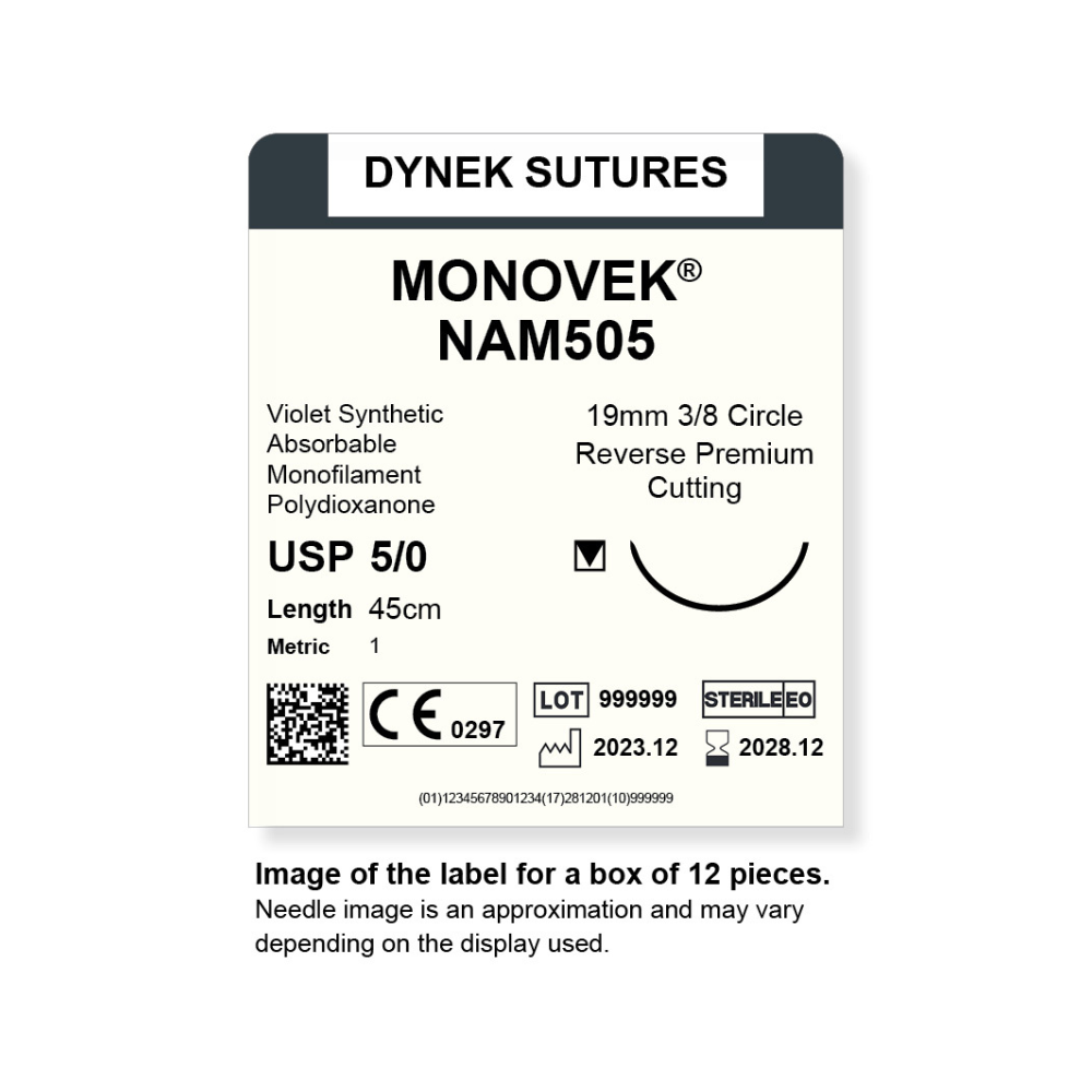 Dynek Monovek Synthetic Absorbable 5/0x45cm On 19mm 3/8 Dyed Violet Sutures NAM505 Box Of 12