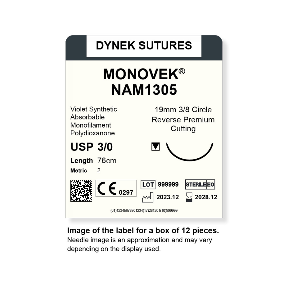 Dynek Monovek Synthetic Absorbable 3/0x76cm On 19mm 3/8 Dyed Violet Sutures NAM1305 Box Of 12