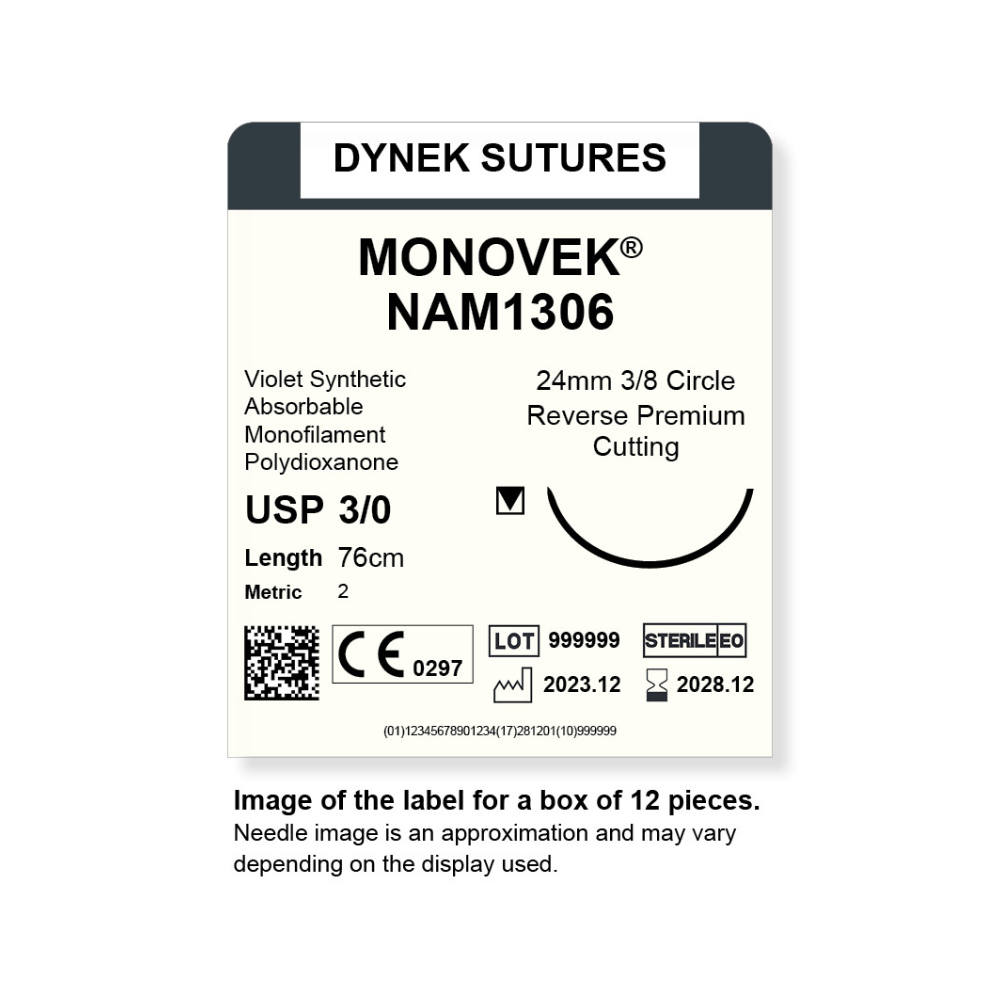 Dynek Monovek Synthetic Absorbable 3/0x76cm On 24mm 3/8 Dyed Violet Sutures NAM1306 Box Of 12