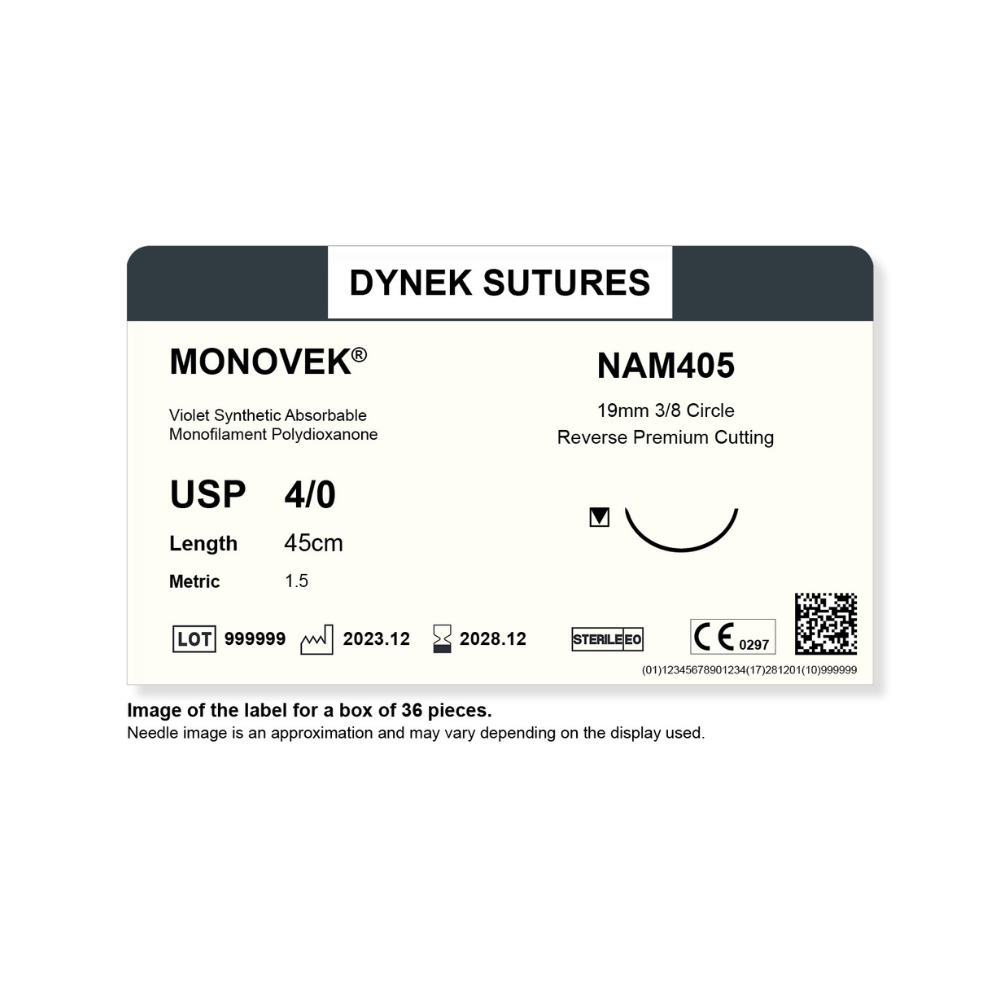 Dynek Monovek Synthetic Absorbable 4/0x45cm On 19mm 3/8 Dyed Violet Sutures NAM405 Box Of 36