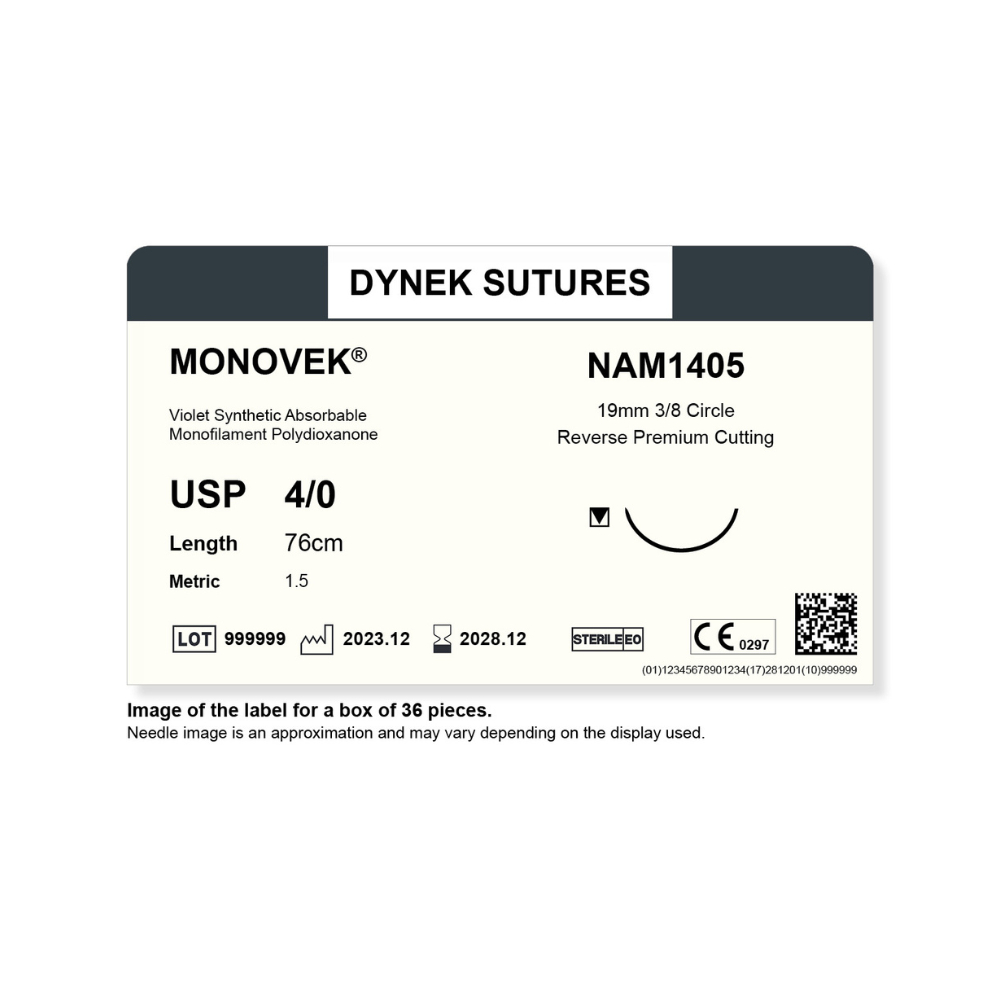 Dynek Monovek Synthetic Absorbable 4/0x76cm On 19mm 3/8 Dyed Violet Sutures NAM1405 Box Of 36