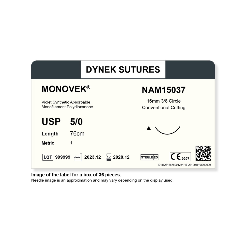 Dynek Monovek Synthetic Absorbable 5/0x76cm On 16mm 3/8 Dyed Violet Sutures NAM15037 Box Of 36