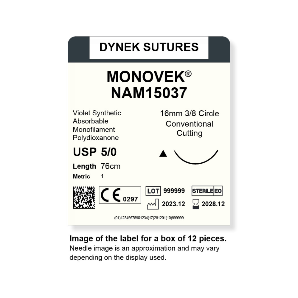 Dynek Monovek Synthetic Absorbable 5/0x76cm On 16mm 3/8 Dyed Violet Sutures NAM15037 Box Of 12
