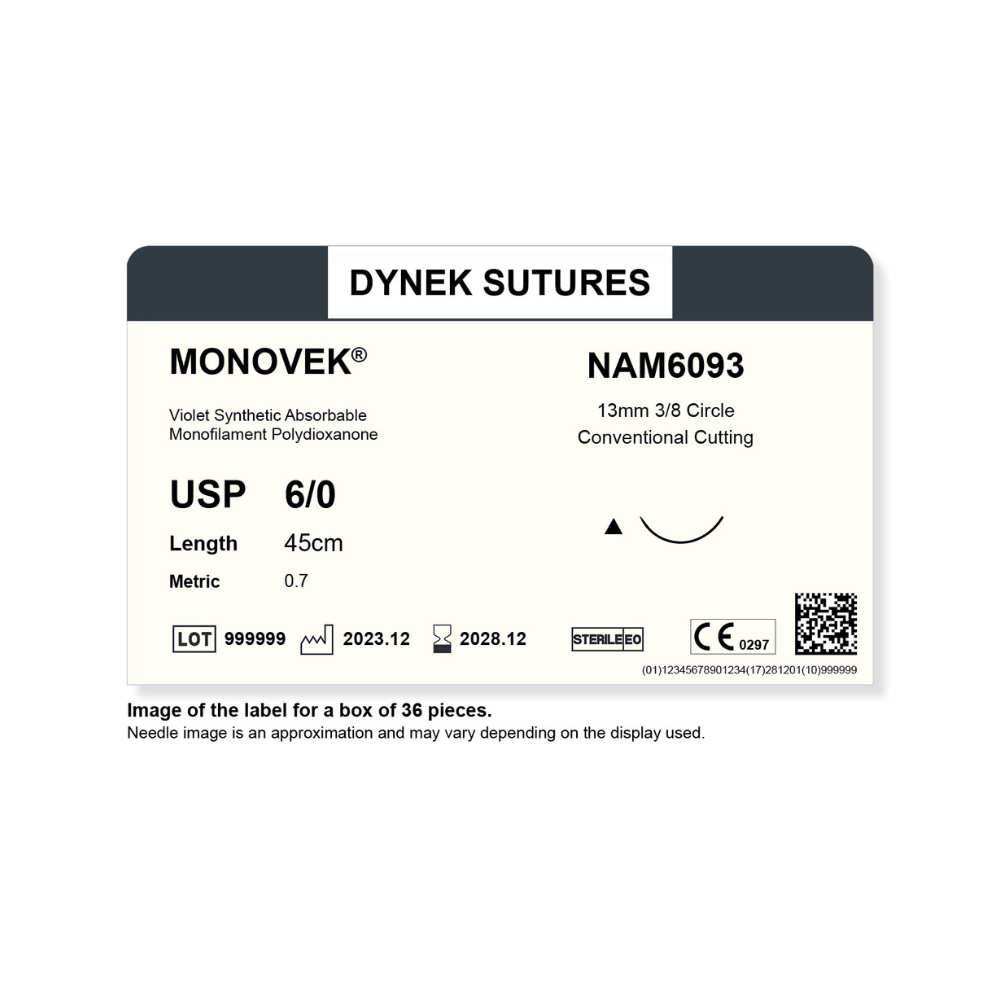 Dynek Monovek Synthetic Absorbable 6/0x45cm On 13mm 3/8 Dyed Violet Sutures NAM6093 Box Of 36