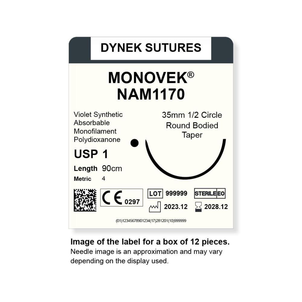 Dynek Monovek Synthetic Absorbable 1x90cm On 35mm 1/2 Dyed Violet Sutures NAM1170 Box Of 12