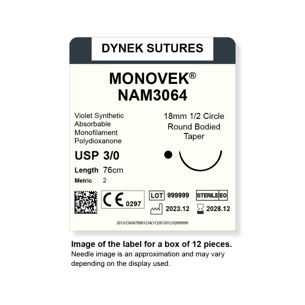 Dynek Monovek Synthetic Absorbable 3/0x76cm On 18mm 1/2 Dyed Violet Sutures NAM3064 Box Of 12