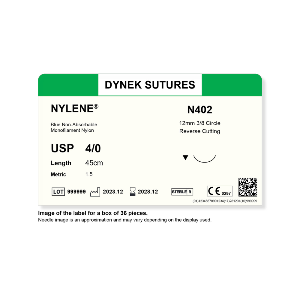 Dynek Nylene Blue Synthetic Non Absorbable 4/0x45cm On 12mm 3/8 Sutures N402 Box Of 36