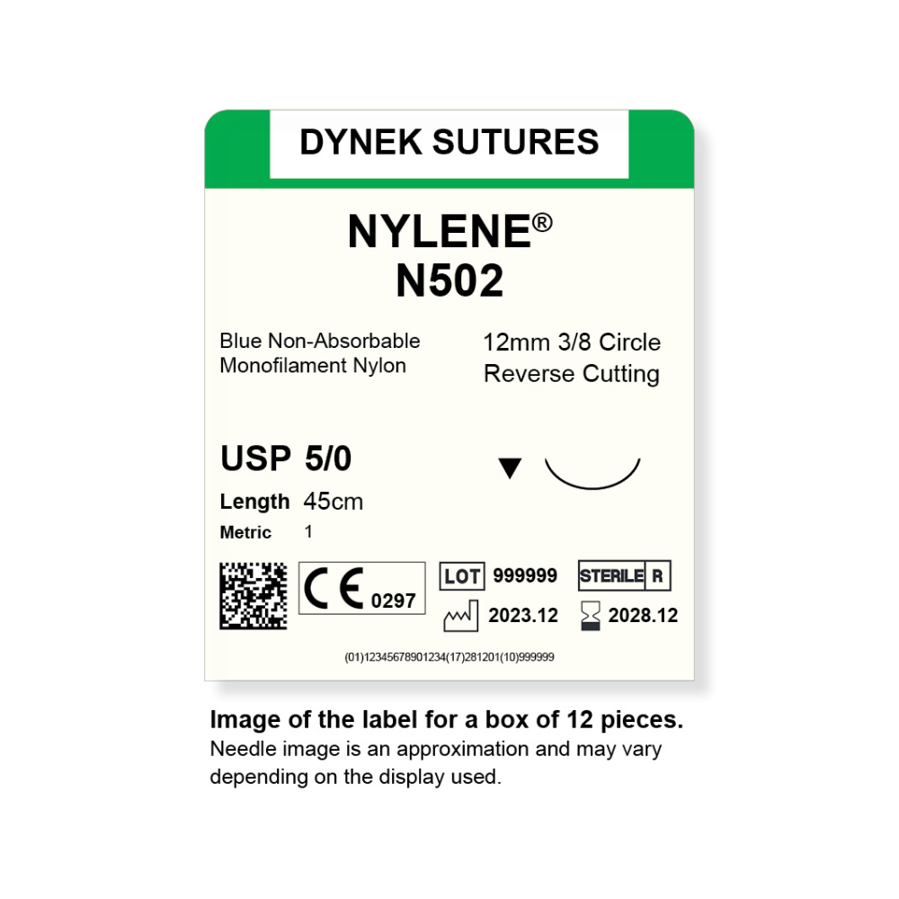 Dynek Nylene Blue Synthetic Non Absorbable 5/0x45cm On 12mm 3/8 Sutures N502 Box Of 12