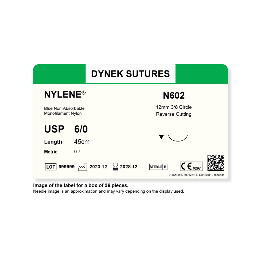 Dynek Nylene Blue Synthetic Non Absorbable 6/0x45cm On 12mm 3/8 Sutures N602 Box Of 36