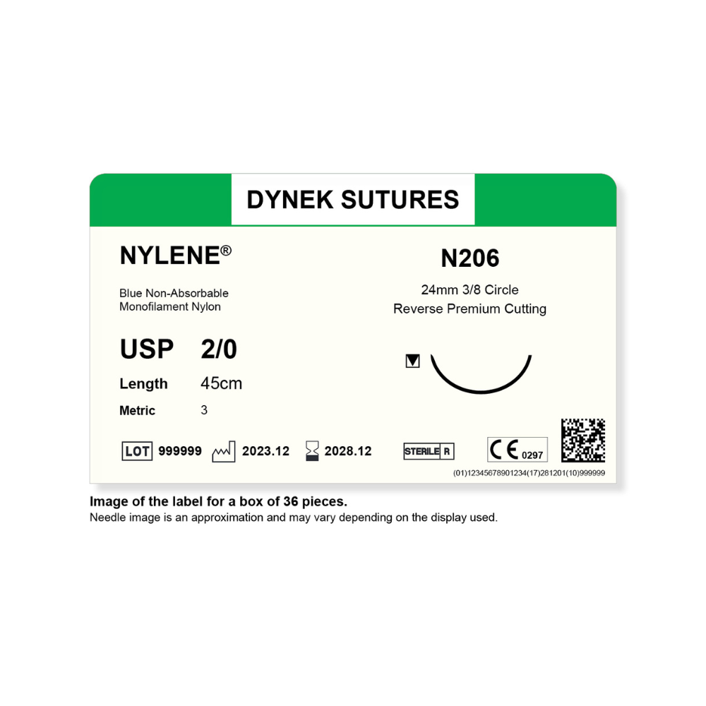 Dynek Nylene Blue Synthetic Non Absorbable 2/0x45cm On 24mm 3/8 Sutures N206 Box Of 36