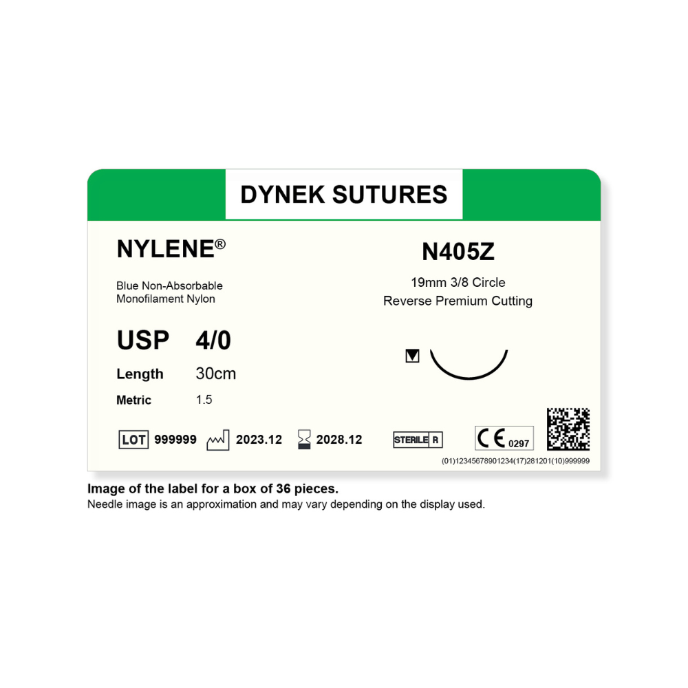 Dynek Nylene Blue Synthetic Non Absorbable 4/0x30cm On 19mm 3/8 Sutures N405Z Box Of 36
