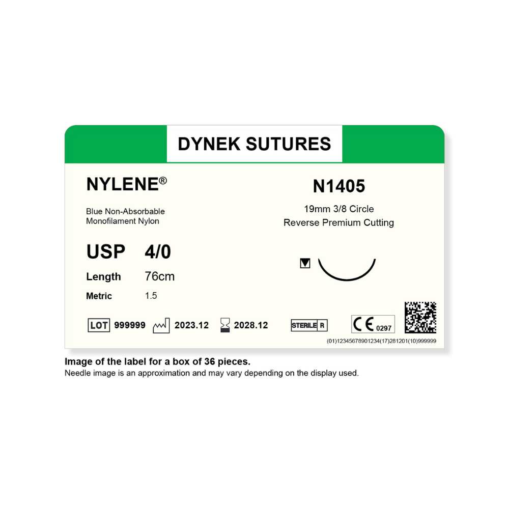 Dynek Nylene Blue Synthetic Non Absorbable 4/0x76cm On 19mm 3/8 Sutures N1405 Box Of 36