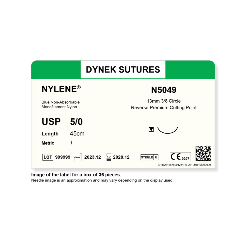 Dynek Nylene Blue Synthetic Non Absorbable 5/0x45cm On 13mm 3/8 Sutures N5049 Box Of 36