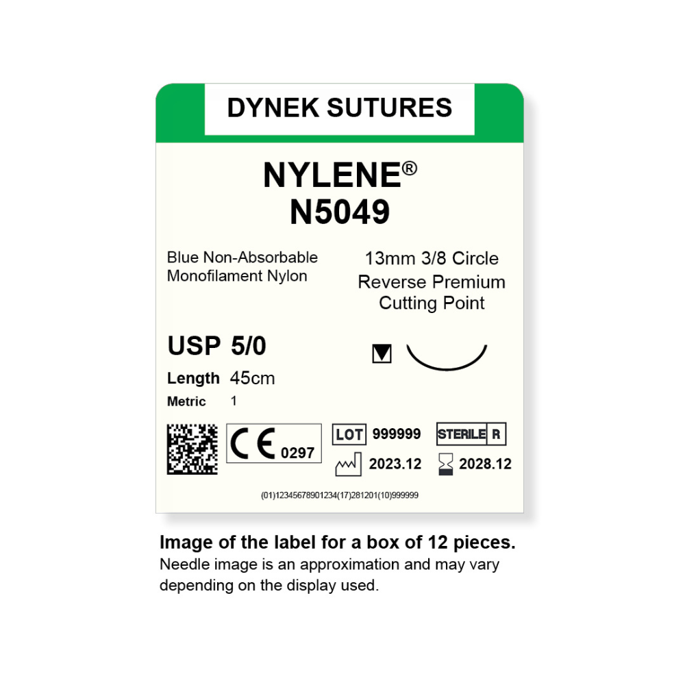 Dynek Nylene Blue Synthetic Non Absorbable 5/0x45cm On 13mm 3/8 Sutures N5049 Box Of 12