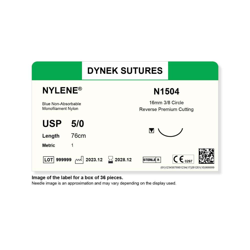 Dynek Nylene Blue Synthetic Non Absorbable 5/0x76cm On 16mm 3/8 Sutures N1504 Box Of 36