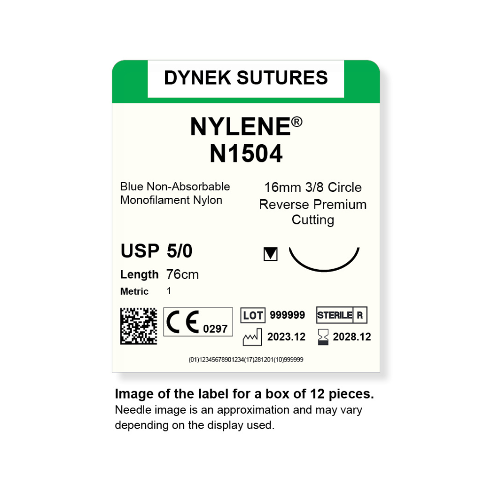 Dynek Nylene Blue Synthetic Non Absorbable 5/0x76cm On 16mm 3/8 Sutures N1504 Box Of 12