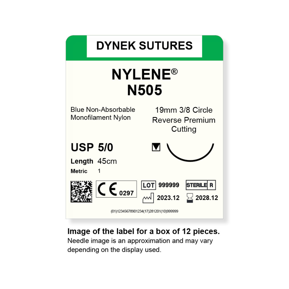 Dynek Nylene Blue Synthetic Non Absorbable 5/0x45cm On 19mm 3/8 Sutures N505 Box Of 12