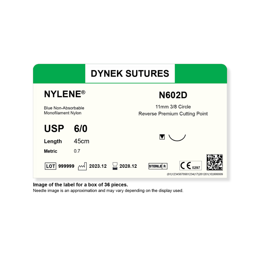 Dynek Nylene Blue Synthetic Non Absorbable 6/0x45cm On 11mm 3/8 Sutures N602D Box Of 36