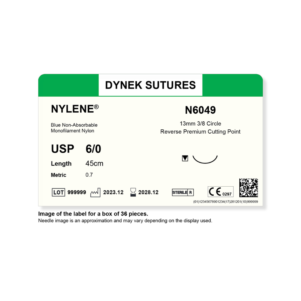 Dynek Nylene Blue Synthetic Non Absorbable 6/0x45cm On 13mm 3/8 Sutures N6049 Box Of 36