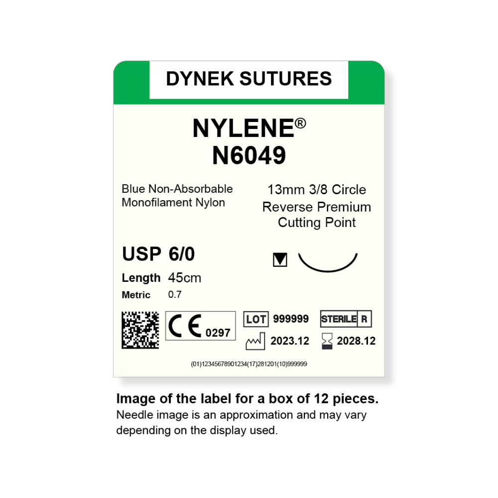 Dynek Nylene Blue Synthetic Non Absorbable 6/0x45cm On 13mm 3/8 Sutures N6049 Box Of 12