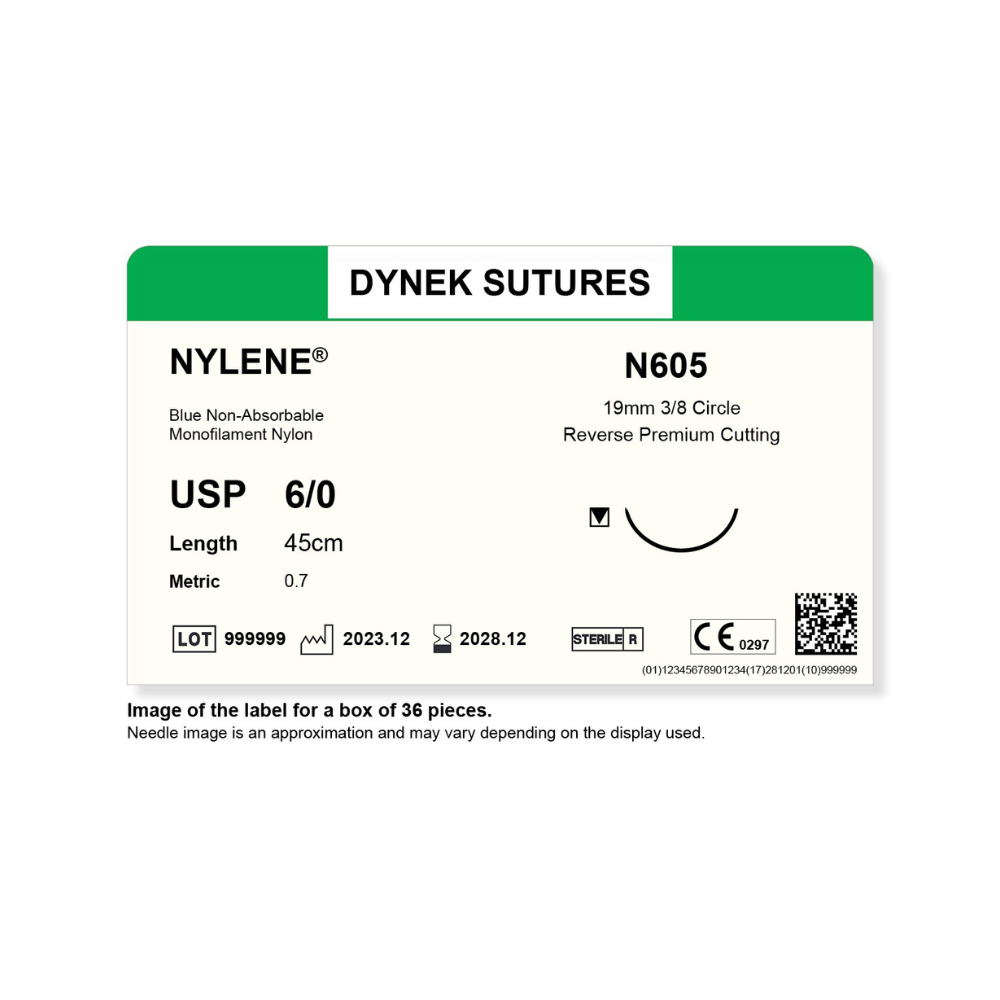 Dynek Nylene Blue Synthetic Non Absorbable 6/0x45cm On 19mm 3/8 Sutures N605 Box Of 36