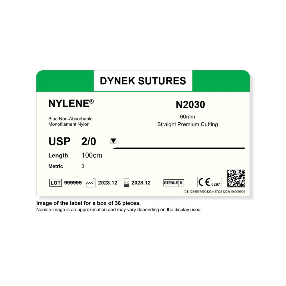 Dynek Nylene Blue Synthetic Non Absorbable 2/0x100cm On 60mm Sutures N2030 Box Of 36