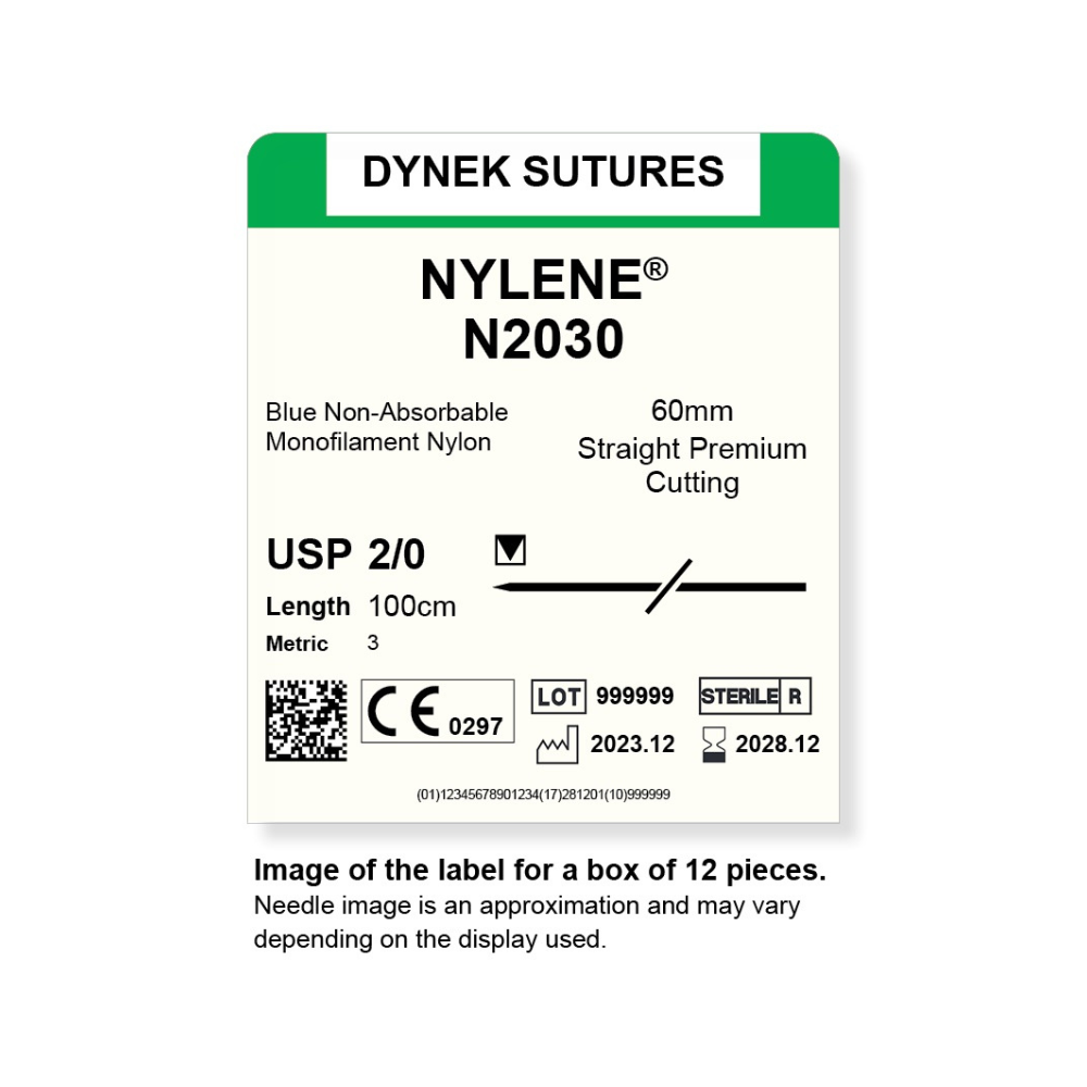 Dynek Nylene Blue Synthetic Non Absorbable 2/0x100cm On 60mm Sutures N2030 Box Of 12