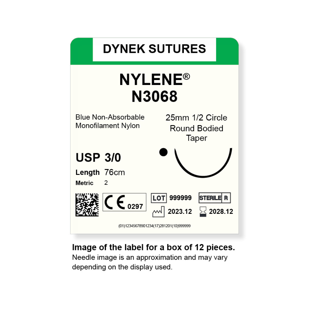 Dynek Nylene Blue Synthetic Non Absorbable 3/0x76cm On 25mm 1/2 Sutures N3068 Box Of 12