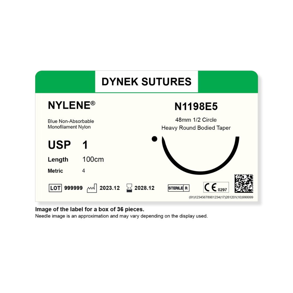 Dynek Nylene Blue Synthetic Non Absorbable 1x100cm On 48mm 1/2 Sutures N1198E5 Box Of 36