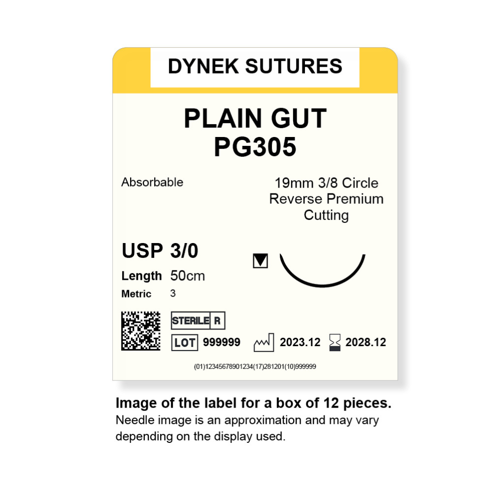 Dynek Surgical Catgut Plain Gut Natural Absorbable 3/0x50cm On 19mm 3/8 Sutures PG305 Box Of 12