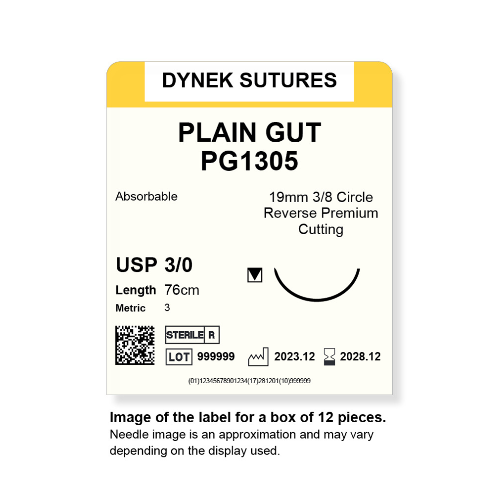 Dynek Surgical Catgut Plain Gut Natural Absorbable 3/0x76cm On 19mm 3/8 Sutures PG1305 Box Of 12