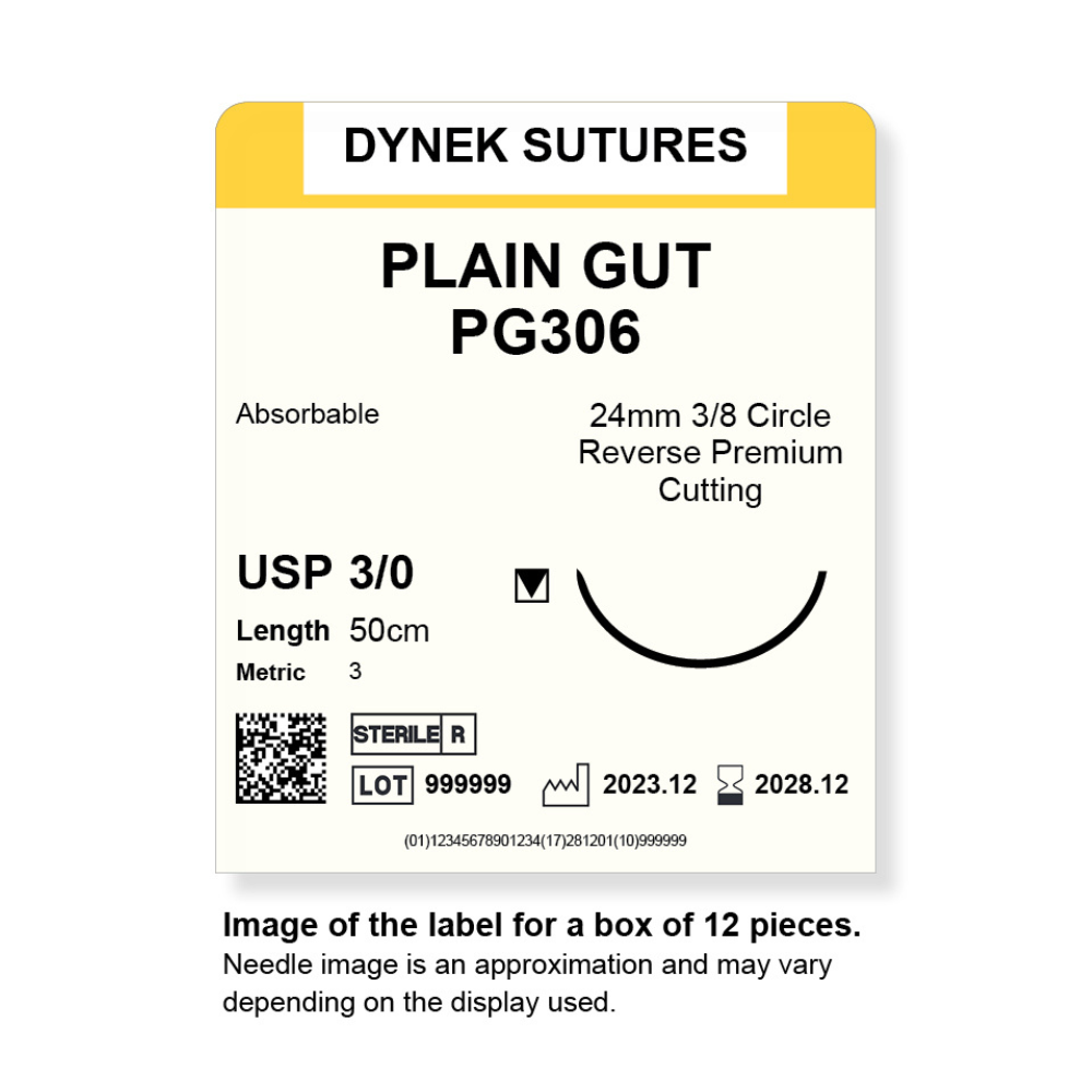 Dynek Surgical Catgut Plain Gut Natural Absorbable 3/0x50cm On 24mm 3/8 Sutures PG306 Box Of 12