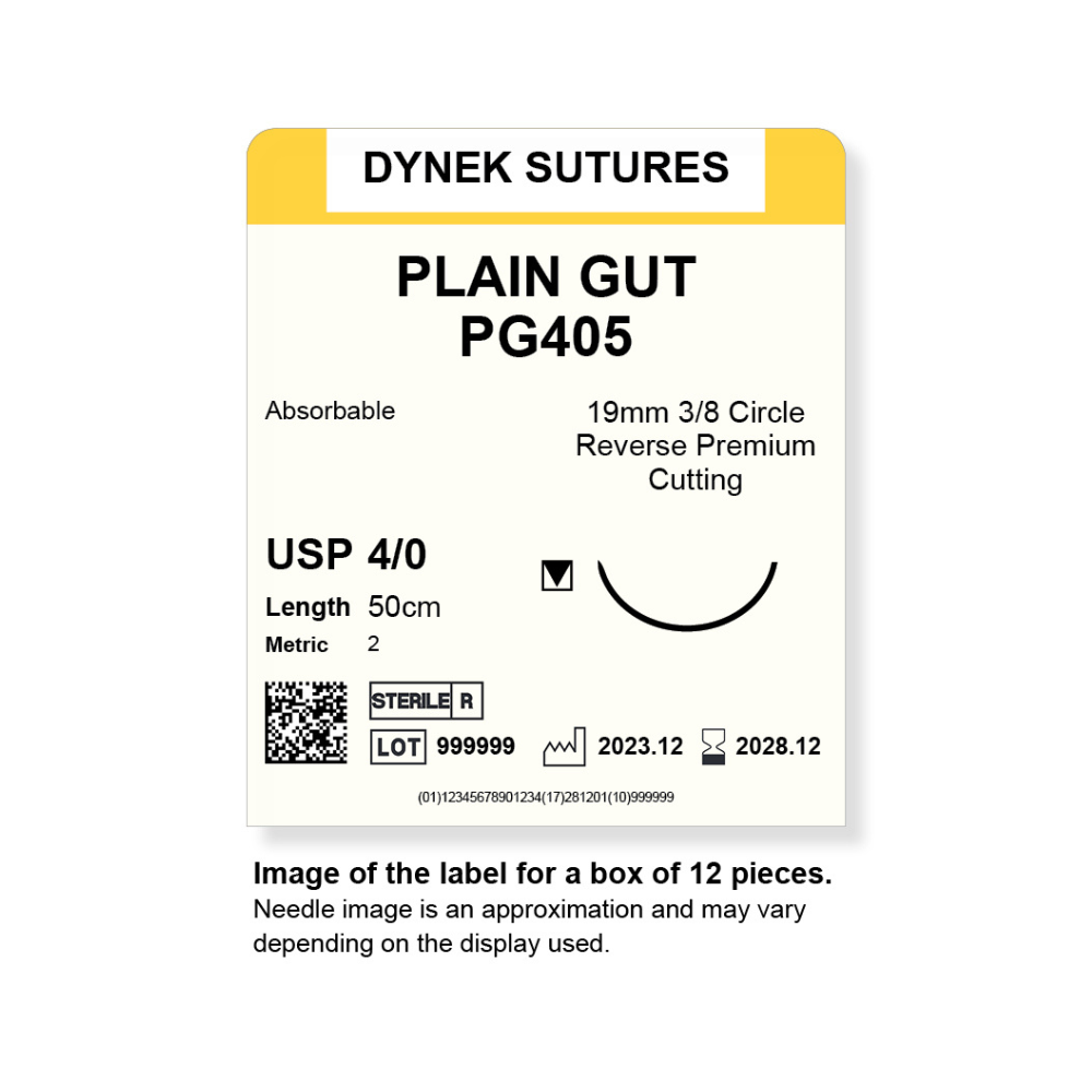 Dynek Surgical Catgut Plain Gut Natural Absorbable 4/0x50cm On 19mm 3/8 Sutures PG405 Box Of 12