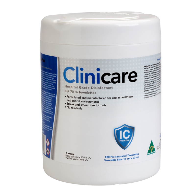 Clinicare Hospital Grade Disinfectant IPA 70% Tub Of 220 Wipes
